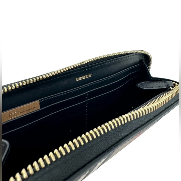 BURBERRY Ellerby Black Leather Icon Stripe Canvas Zip Around Continental Wallet - Picture 4 of 13